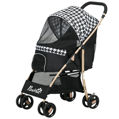 Pet stroller with houndstooth pattern on a white background