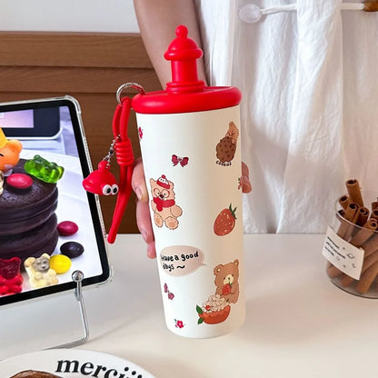 700ML Cute Thermos Bottle with Straw & Infuser – Stainless Steel Tea Cup for Women