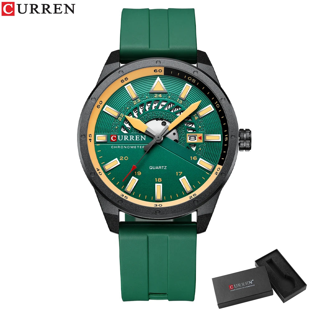 Green wristwatch with gold face and Curren branding on a white background