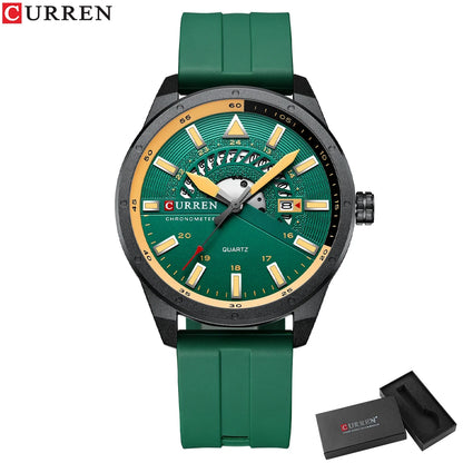 Green wristwatch with gold face and Curren branding on a white background