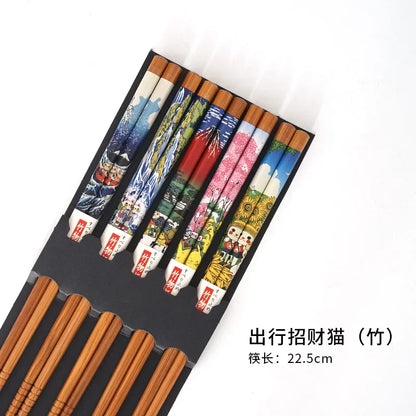 5-Pair Cute Multi-Color Bamboo Chopsticks Set – Non-Slip Household Wooden Tableware