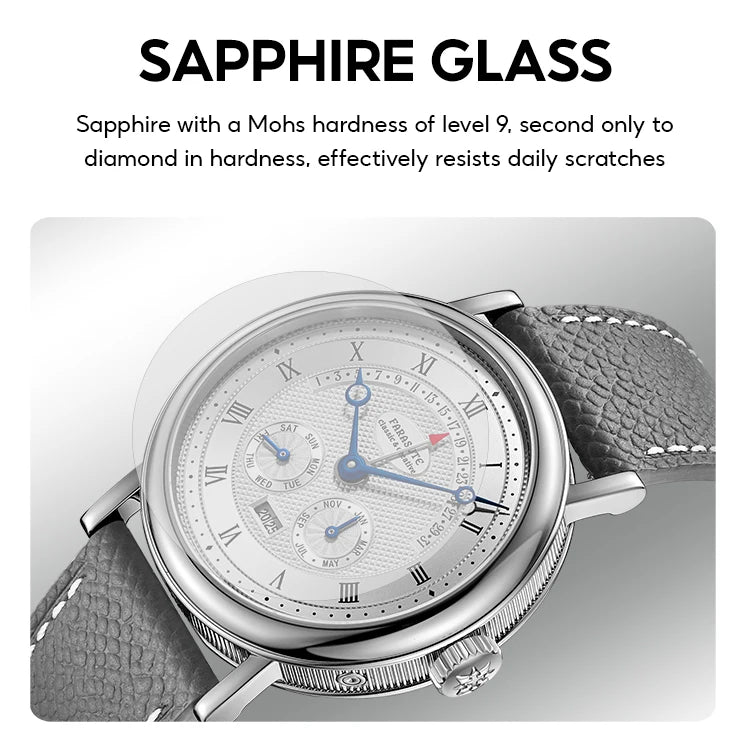 FARASUTE Men's Mechanical Watch Flyback Function Seagull Movement Month Display Week Display Calendar YearDisplay Sapphire Watch