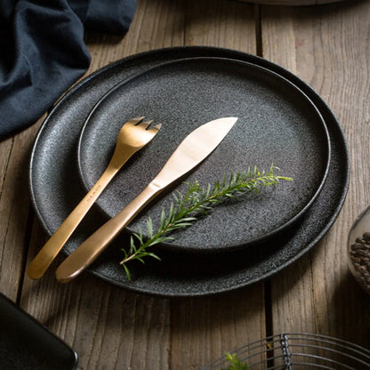 Japanese-Style Black Ceramic Plate Set – Steak & Western Food Dinnerware for Home & Kitchen