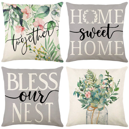 4-Piece Floral Linen Throw Pillow Cases – Square Waist Protection Cushion Covers for Sofa & Bed 45x45CM