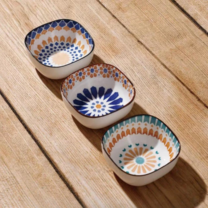 Bohemian Ceramic Sauce & Snack Bowl – Small Square Japanese Style Pickle & Condiment Dish
