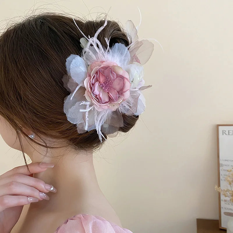 Pink Flower Hair Claw Clip – Sweet Lace Big Hairpin for Women