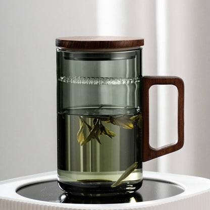 Glass Coffee Mug with Wooden Handle – Transparent Tea Cup Kitchen Coffeeware