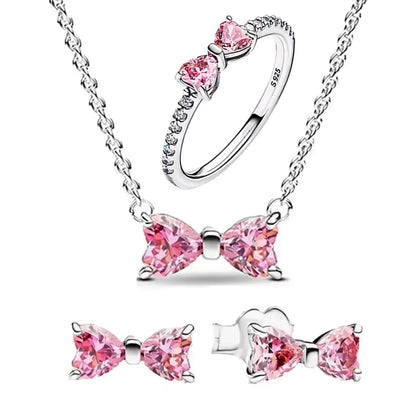 925 Sterling Silver Pink Bow Zircon Jewelry Set – Ring, Earrings, Bracelet & Necklace