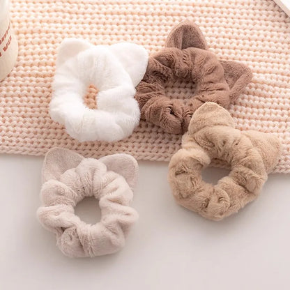 Korean Plush Cat Ear Scrunchies - High Elastic Hair Ties - BeeTrendyShop.COM