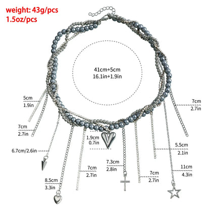 Y2K Heart Pendant Multilayer Choker Necklace – Glass & Zinc Alloy Women’s Jewelry