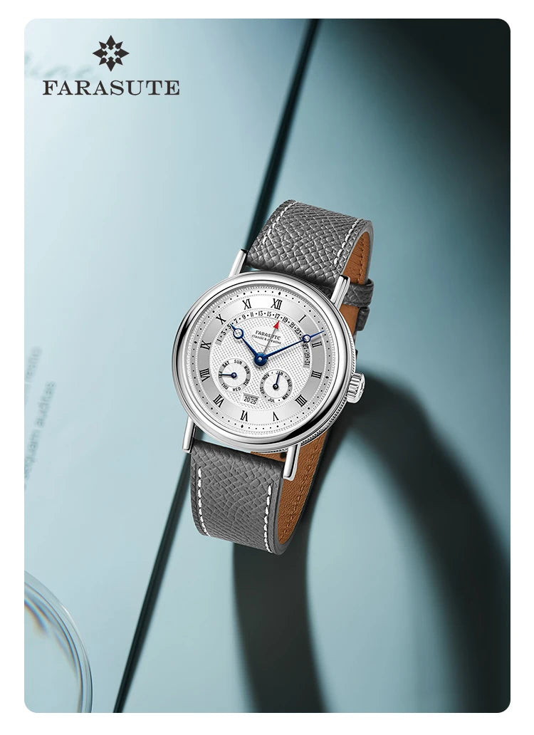 FARASUTE Men's Mechanical Watch Flyback Function Seagull Movement Month Display Week Display Calendar YearDisplay Sapphire Watch