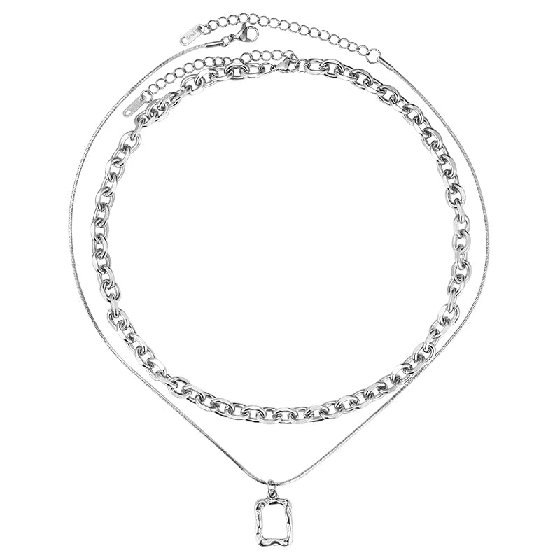 Double Link Necklaces Women Charm Layered Pendant Square Hip Hop Long Chain Punk Aesthetic Party Jewelry Accessories Gift
