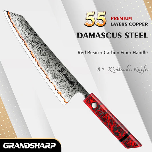 Grandsharp 55 Layers Copper Damascus Steel 8 Inch Kiritsuke Knife Red Resin + Carbon Fiber Handle Meat Vegetables Chef's Knives