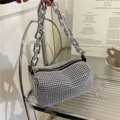 Allover Rhinestone Bucket Bag, Glitter Chain Prom Purse, Women's Mini Crossbody Bag - BeeTrendyShop.COM