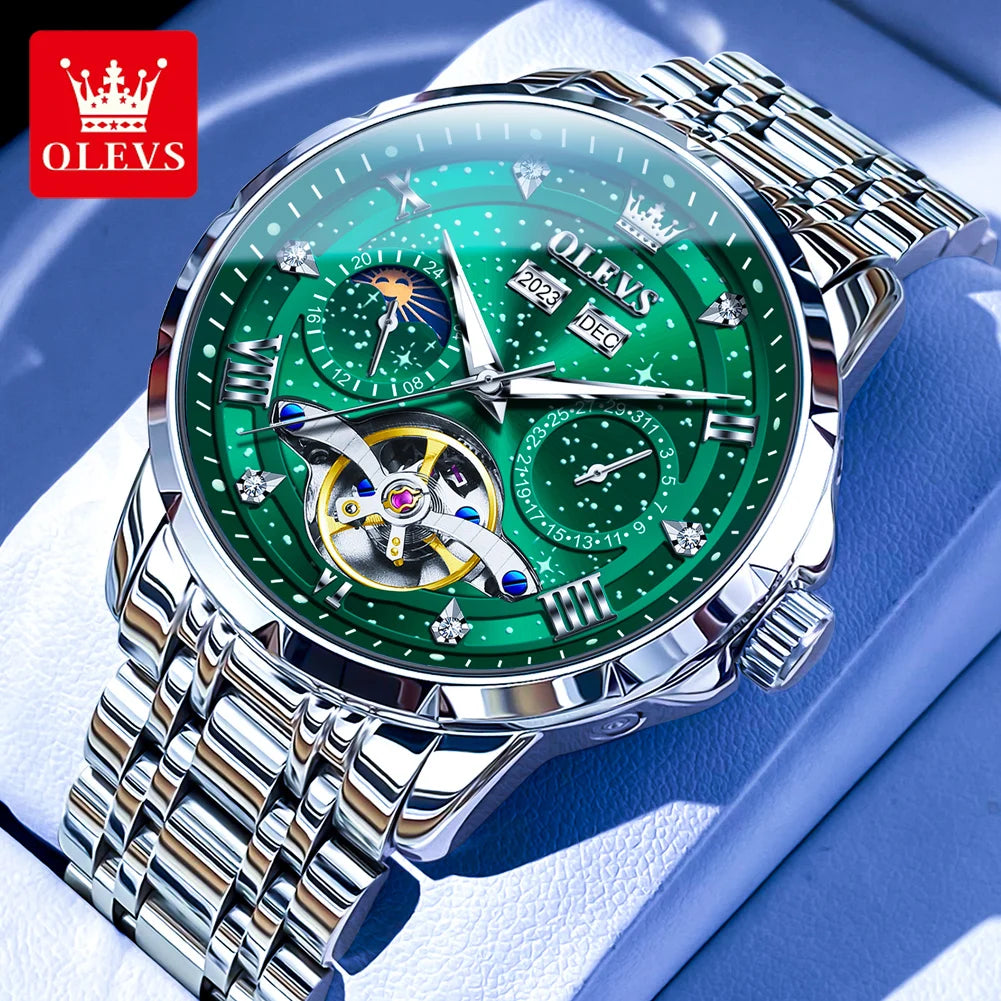 OLEVS 6689 Automatic Watch for Men Starry Sky Tourbillon Design Moon Phase Date Stainless steel Luminous Waterproof Wristwatch