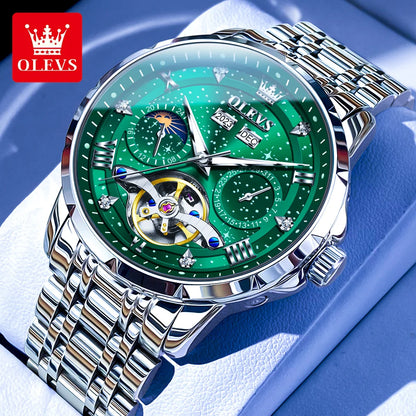 Green watch with silver strap on a blue background, featuring OLEVS branding.