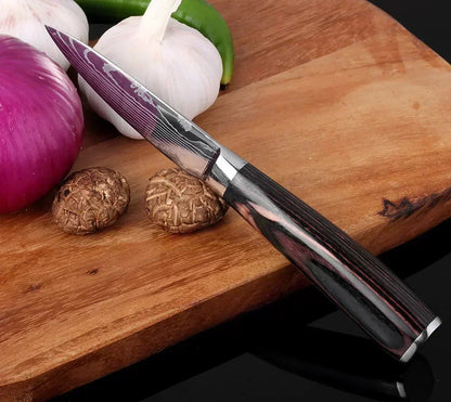Laser Damascus Kitchen Knife Set – Cleaver, Santoku, Bread, Boning & Kitchen Scissors