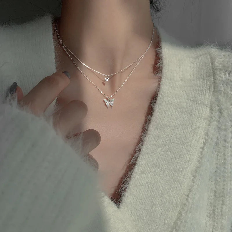 Double Layer Butterfly Collarbone Necklace – Light Luxury Stainless Steel Pendant for Women