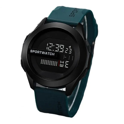 Digital sports watch with a green strap on a white background