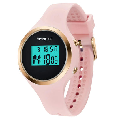 Digital watch with pink strap and gold casing on a white background