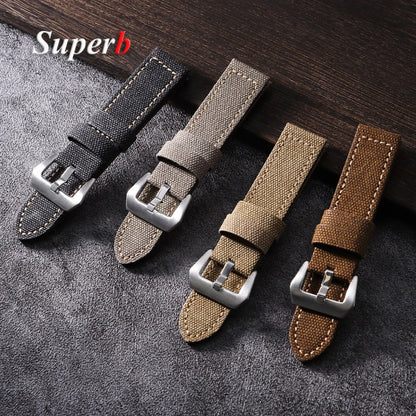 Four watch straps in black, brown, and beige on a textured surface with 'Superb' branding.