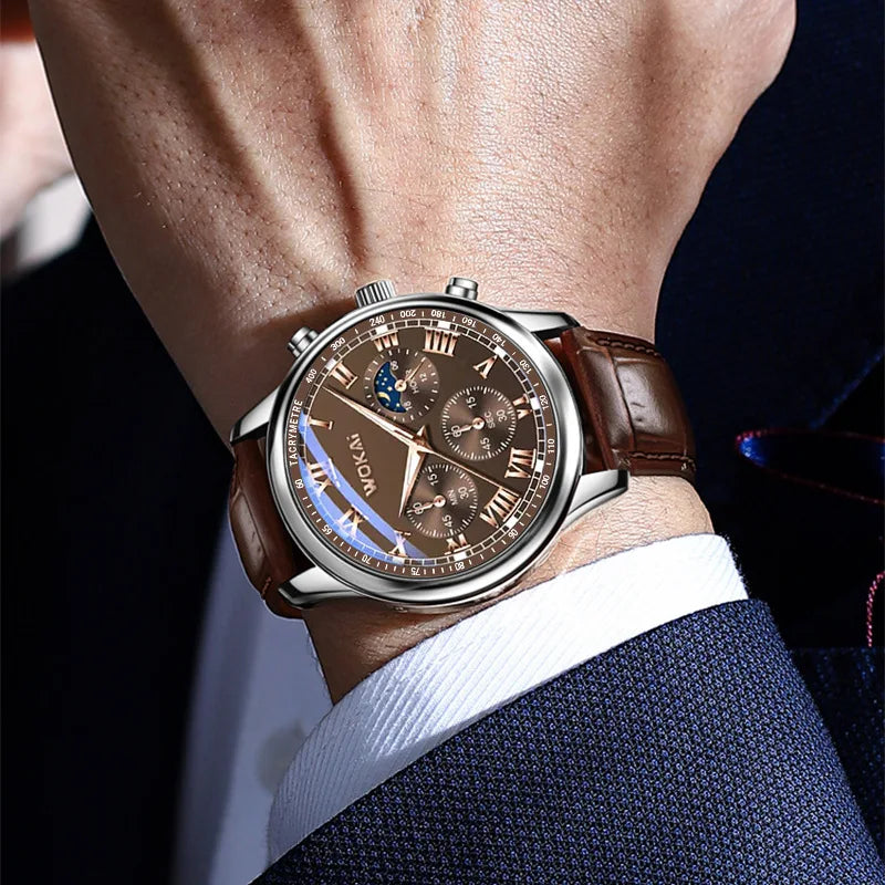 Close-up of a wrist wearing a brown leather watch with a detailed face.