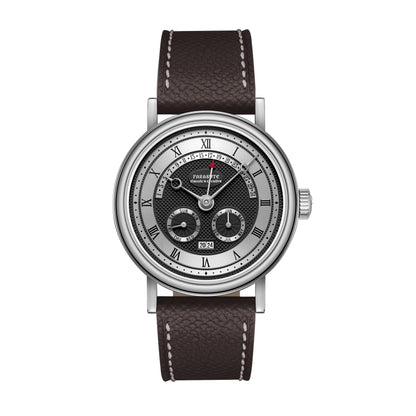 Watch with brown leather strap and silver case on white background
