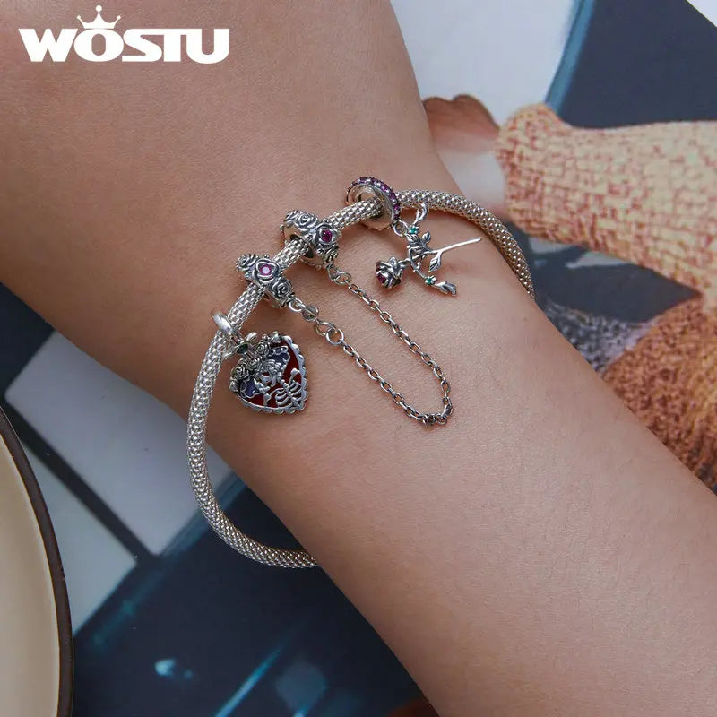 WOSTU 925 Sterling Silver Amimal Safety Chain Heart Key Flower Pendant CZ Charms Stopper Fit Original Bracelet DIY Fine Jewelry