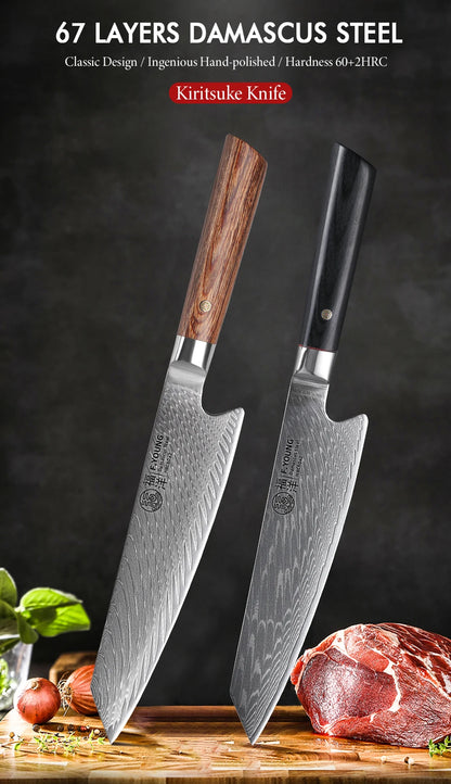 F.YOUNG 8-Inch Kiritsuke Damascus Chef Knife – Hand Forged Japanese Kitchen Knife