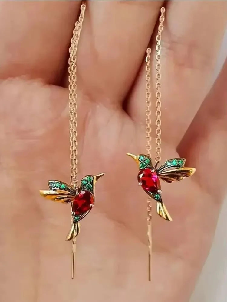 Hummingbird CZ Drop Earrings – Gold Color Zinc Alloy Long Dangle Earrings for Women