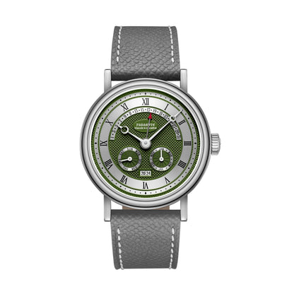 Watch with green face and gray strap on white background