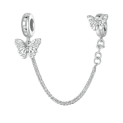 925 Sterling Silver Safety Chain Charm – Heart, Key & Flower CZ Stopper Bead