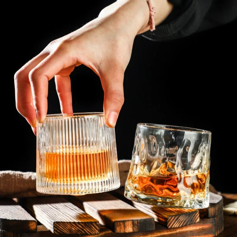 200ML Rotatable Whiskey Glass with Wooden Base – Novelty Old Fashioned Wine Cup