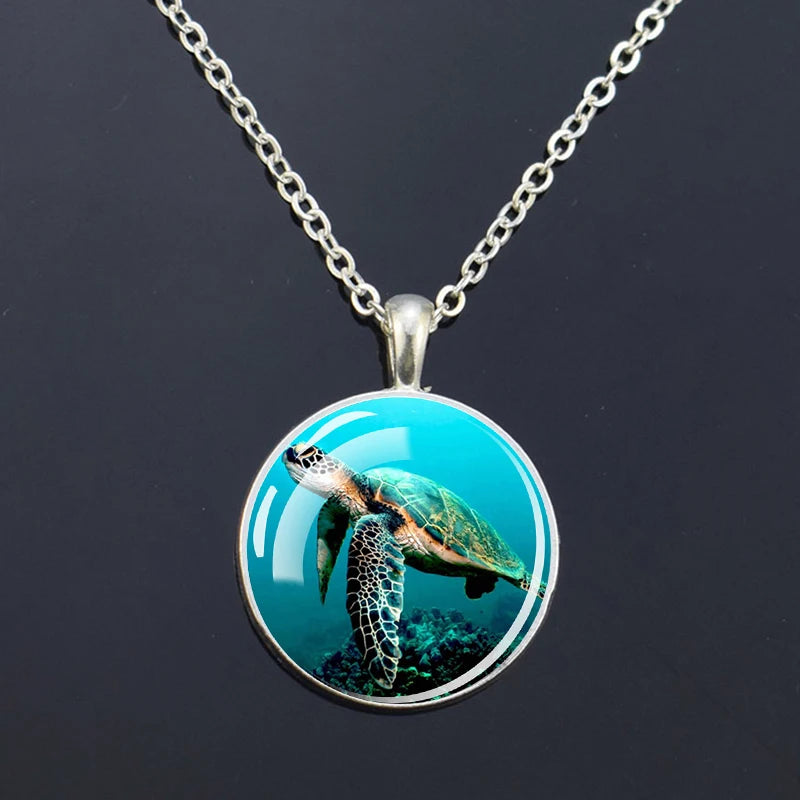 Ocean Marine Animal Glass Dome Pendant Necklace – Sea Turtle, Dolphin & Starfish Long Chain