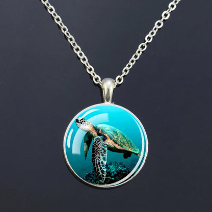 Ocean Marine Animal Glass Dome Pendant Necklace – Sea Turtle, Dolphin & Starfish Long Chain