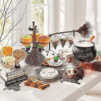 Halloween Pumpkin Snack & Dessert Tray – Party Buffet Display Rack with Witch Bowl & Cake Stand