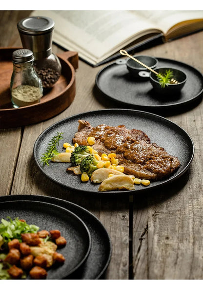 Japanese-Style Black Ceramic Plate Set – Steak & Western Food Dinnerware for Home & Kitchen