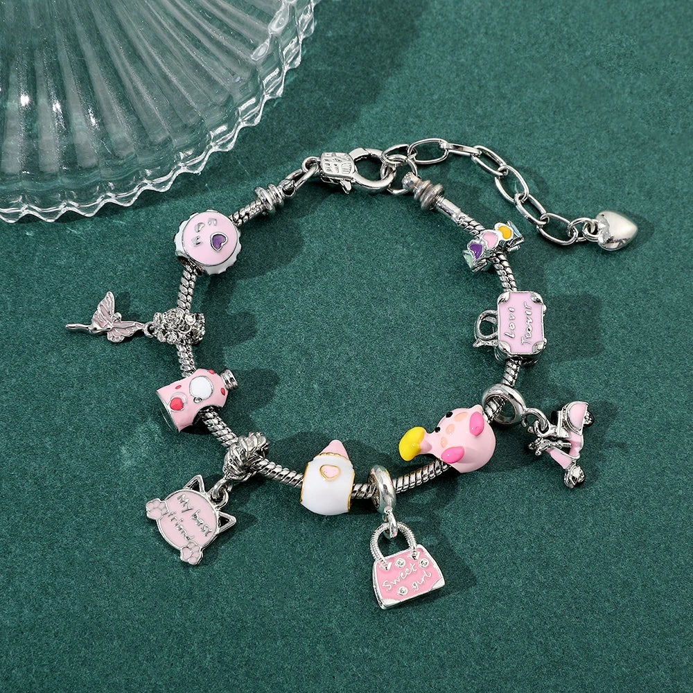 Kawaii Kirby Anime Bracelet – Pink Pendant Snake Chain Bangle