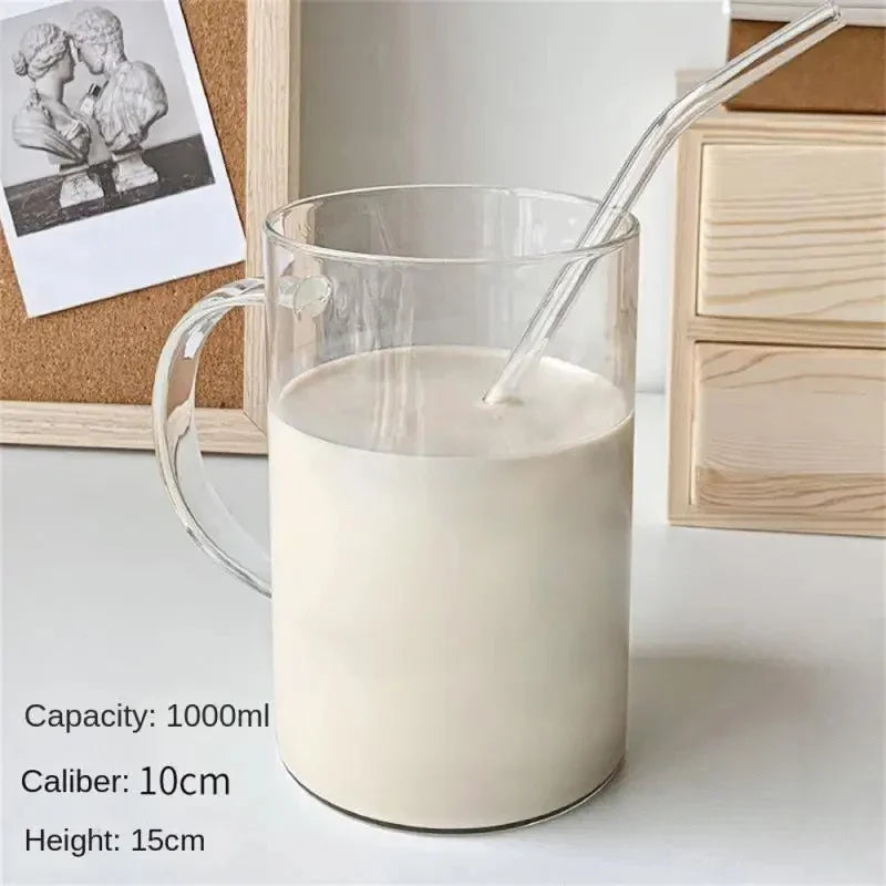 1L Large Glass Cup with Lid & Straw – Iced Coffee Juice Water Mug