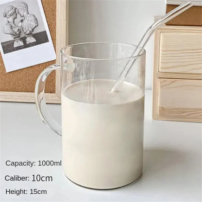 1L Large Glass Cup with Lid & Straw – Iced Coffee Juice Water Mug