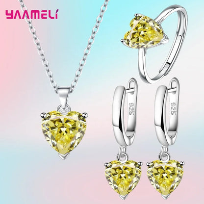 Heart Zircon Jewelry Set – Huggie Earrings, Pendant Necklace & Ring for Women