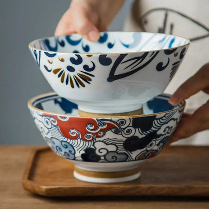 7.5-Inch Japanese Hat-Style Retro Ceramic Ramen Bowl – Fruit, Vegetable & Salad Noodle Holder