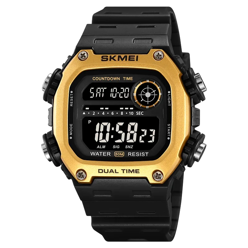 Digital watch with gold and black design on a white background