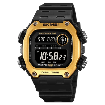 Digital watch with gold and black design on a white background