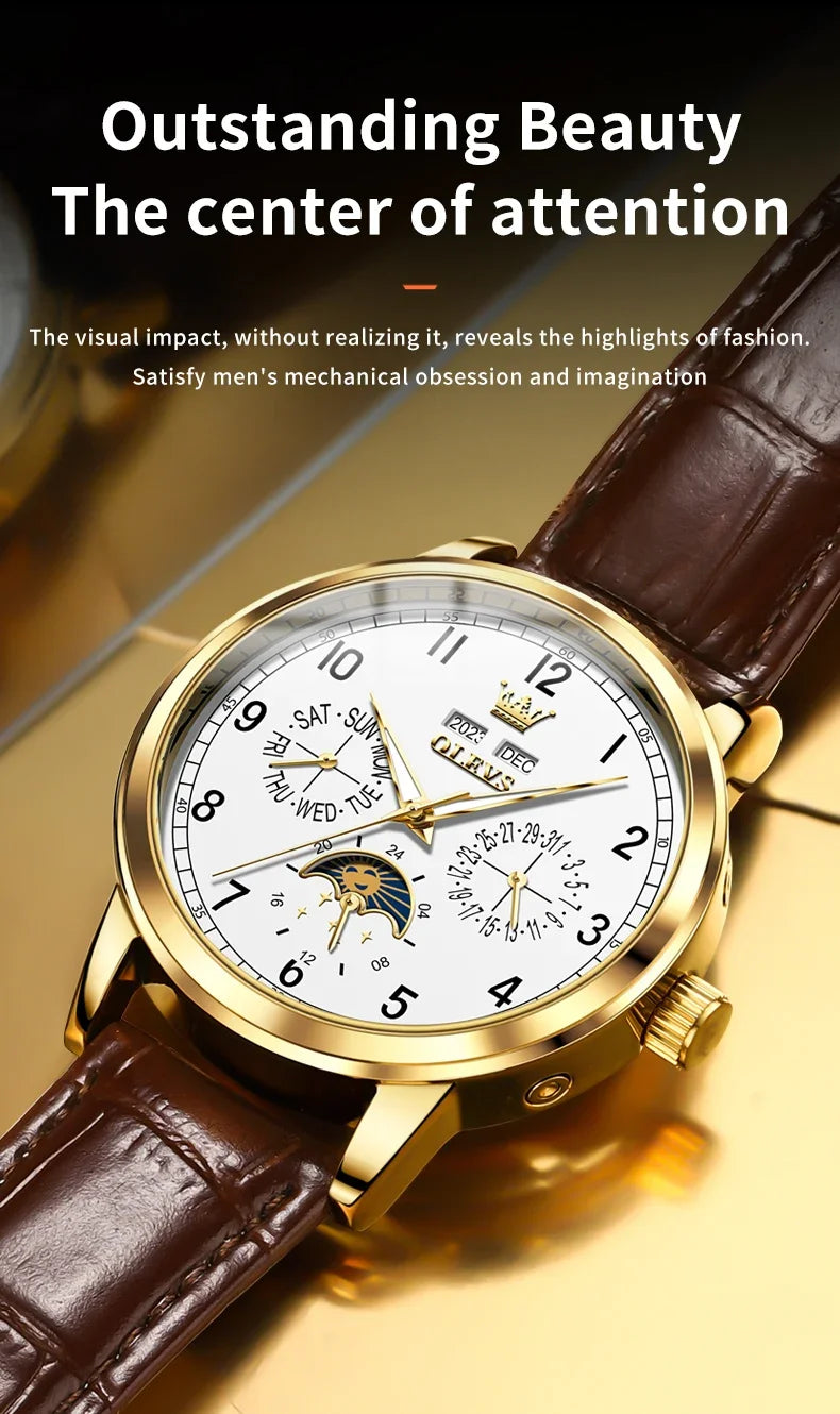 Olevs 6698 automatic watch luxury leather strap calendar waterproof luminous moon phase mechanical watch men
