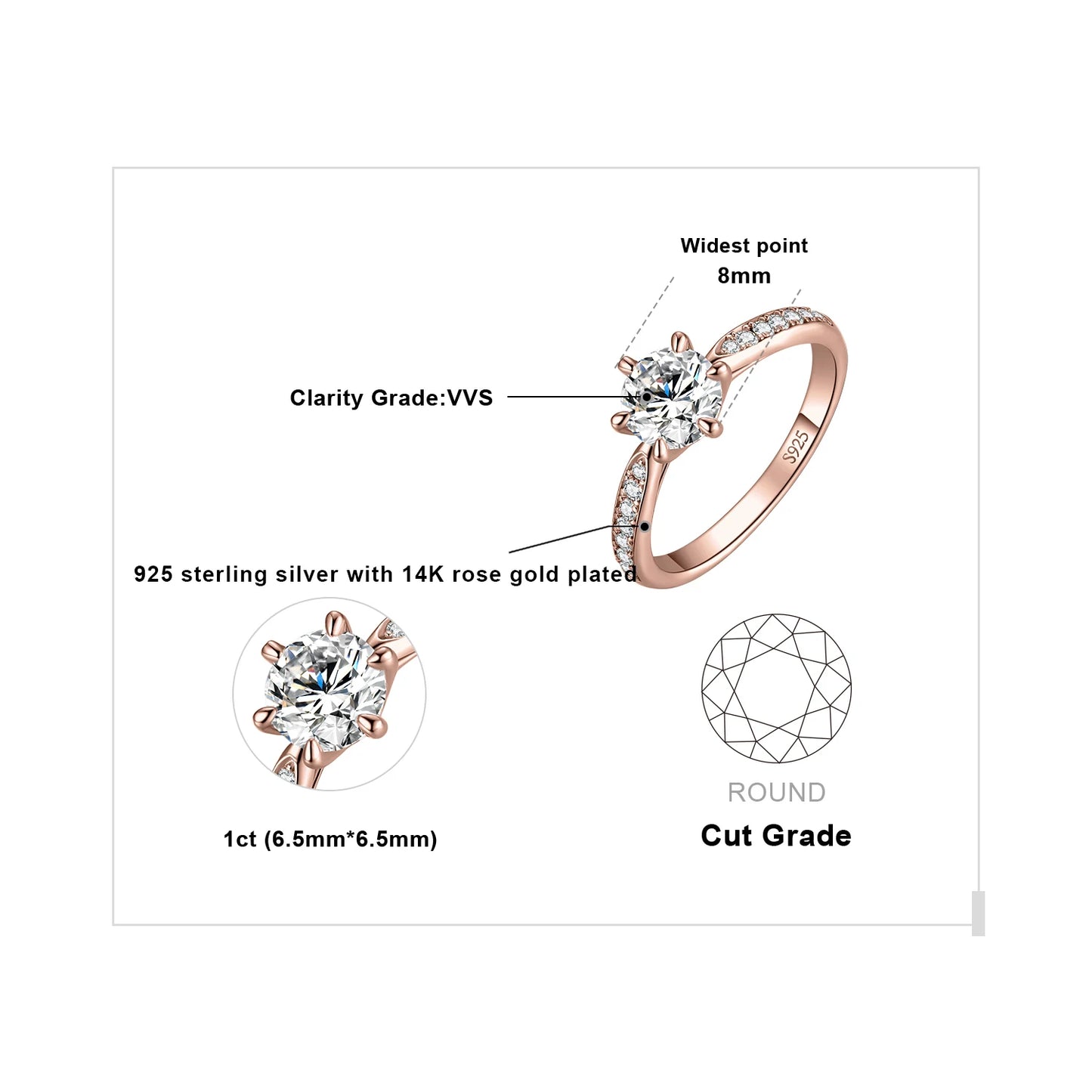 JewelryPalace Moissanite D Color 1ct 1.5ct 2ct 3ct Round S925 Sterling Silver Wedding Engagement Ring for Women