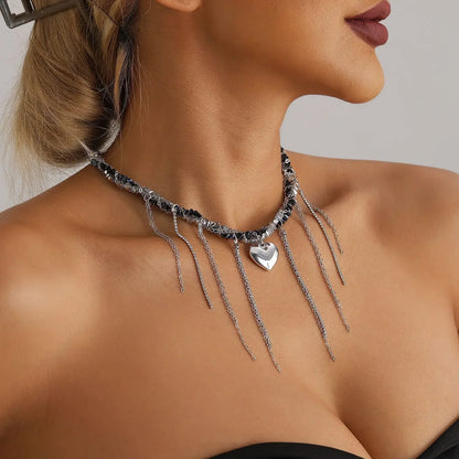 Y2K Heart Pendant Multilayer Choker Necklace – Glass & Zinc Alloy Women’s Jewelry
