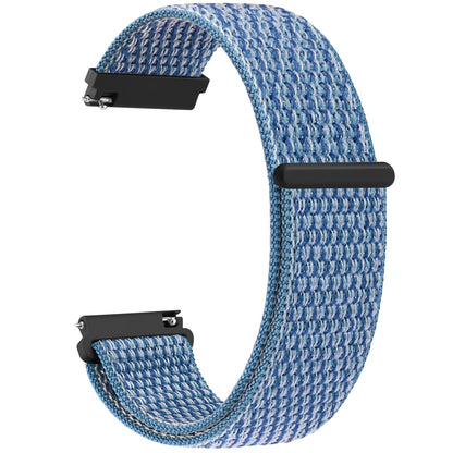 Blue woven watch strap with black metal clasp on a white background