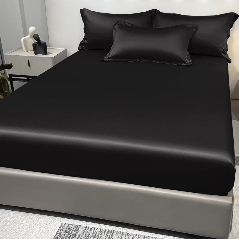 Modern Satin Ice Silk Solid Color Fitted Sheet – Smooth Bedroom Bedspread (Excluding Pillowcases)