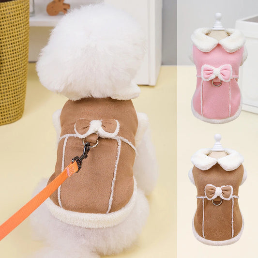 Cozy Winter Dog Jacket with Bow - Warm Plush Coat for Small Dogs